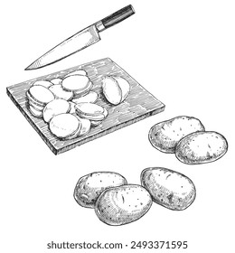 Vector dibujado a mano ilustración de patatas frescas y cortadas aisladas en blanco. Boceto de tabla de picar con verduras en rodajas y cuchillo en estilo grabado.