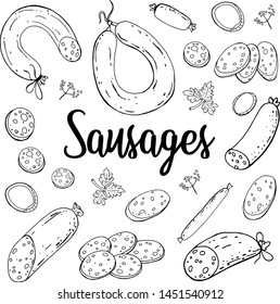 Vector hand-drawn illustration of fresh meat sausages. Meat products on a white background.