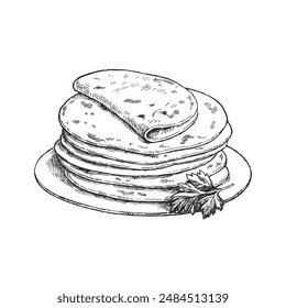 Vector hand-drawn illustration of fresh tortillas isolated on a white background. A sketch of a national Mexican dish in the style of an engraving.
