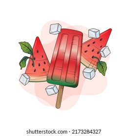 Vector hand-drawn illustration of fruit ice-cream with watermelon, mint, ice. Summer illustration for design packaging, decoration of cover, card. Summer holidays, hot weather concept.