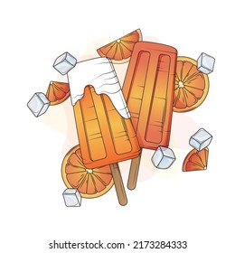 Vector hand-drawn illustration of fruit ice-cream with slice of orange, ice. Summer illustration for design packaging, decoration of cover, card. Summer holidays, hot weather concept.