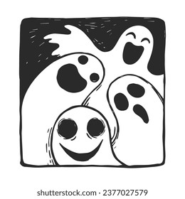 Vector hand-drawn illustration with ghosts in linocut style. Stamp with Halloween symbol.
