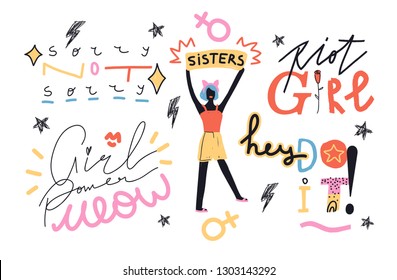 Vector handdrawn illustration of girl. Concept for prints, t-shirts, cards.
Signs "GIRL POWER", "SORRY NOT SORRY", "SISTERS", "RIOT GIRL", "DO IT".