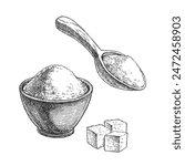 Vector hand-drawn illustration of a granulated and cube sugar in engraving style. Sketch with spices in a cup and spoon for recipe design.