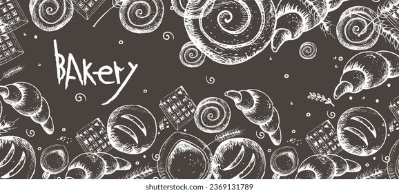 Vector hand-drawn illustration in graphic style. Fresh croissant. Bakery materials. Linear graphics. Set of bread and confectionery. Illustration of the top view.