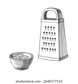 Vector hand-drawn illustration of a grater and grated vegetable. Black and white sketch of kitchen equipment.