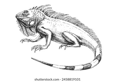 Vector hand-drawn illustration of Green Iguana in engraving style. Sketch of wild American animal isolated on white.