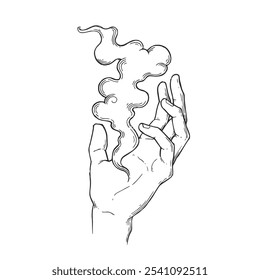 Vector hand-drawn illustration of hand with cloud of smoke isolated on white. Sketch of symbol of witchcraft.