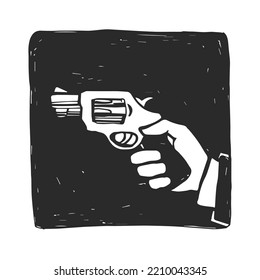Vektorhandgezeichnete Illustration einer Hand mit einer Pistole im Stil von Linocut. Eine Skizze für ein Design zum Thema Noir Detektiv.