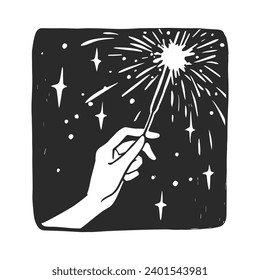 Vector hand-drawn illustration of hand with sparkler on the night background. Black and white sketch with holidays symbol in linocut style.