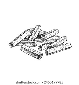 Vector hand-drawn illustration of a handful of breadcrumbs isolated on white. A sketch of a fresh bakery product in the style of an engraving.
