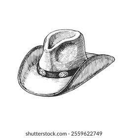 Vector dibujado a mano ilustración de sombrero. Accesorio de vaquero. Bosquejo en blanco y negro del símbolo del Salvaje Oeste.