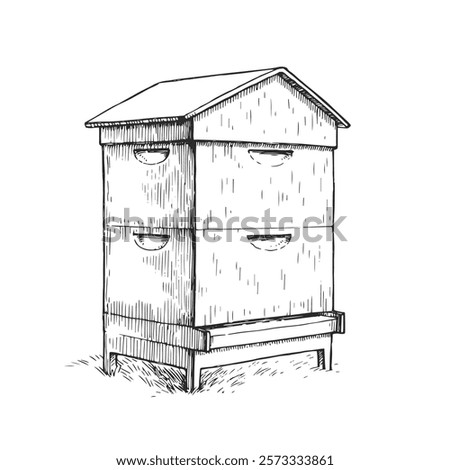 Vector hand-drawn illustration of hive. Black and white sketch of beekeeper equipment.