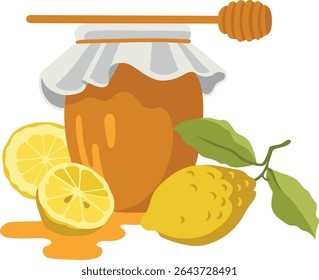 Vector hand-drawn illustration of honey and lemon: jar of honey and honey dipper, lemon with leaves, half lemon. Perfect for product design, web, textile, wallpaper, wrapping paper etc