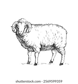 Vector dibujado a mano ilustración de carnero con cuernos. Bosquejo en blanco y negro de un animal de granja. 