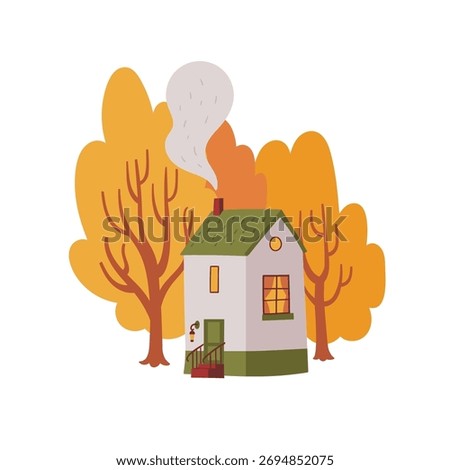 Vector hand-drawn illustration of a house with trees. Sketch of a cozy autumn landscape.