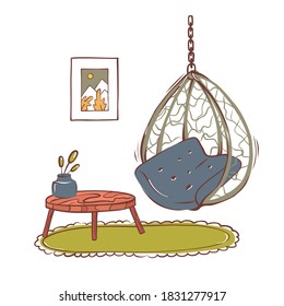 Vector hand-drawn illustration of the interior. Hammock, pillow, cozy home. Hygge. Isolated background.