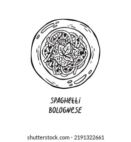 Vector hand-drawn illustration of Italian cuisine. Spaghetti bolognese