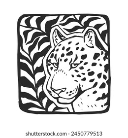 Vector hand-drawn illustration of a jaguar head on natural background. A stamp with a wild Brazilian animal in the style of a sketch.
