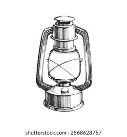 Vector hand-drawn illustration of kerosene lamp. Black and white sketch of vintage lantern. Camping illumination.