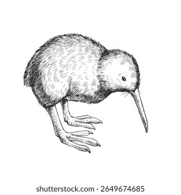 Vector hand-drawn illustration of a kiwi bird. Black and white sketch of a New Zealand animal.