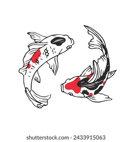 Vector hand-drawn illustration with Koi fish isolated on a white background. A black and white sketch of the yin and yang symbol.