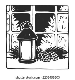 Vector hand-drawn illustration of a lantern with Christmas decorations on window background. Black and white sketch with New Year symbol.