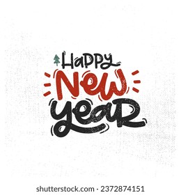 Vector handdrawn illustration. Lettering phrases Happy new year badge, calligraphy with light background for logo, banners, labels, postcards, invitations, prints, posters, web, presentation.