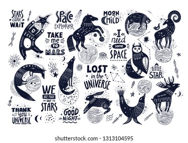 Vector hand-drawn illustration with lettering. Various magic animals and cosmic quotes.