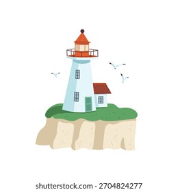 Vector dibujado a mano ilustración de un faro en una costa rocosa. Estética de mar.
