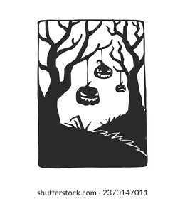 Vector hand-drawn illustration with Light-Up Evil Pumpkins on the tree in linocut style. Stamp with Halloween symbol.