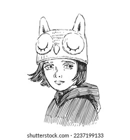 Vector hand-drawn illustration of a little girl in an owl hat. A sketch with a cute character in the style of engraving.