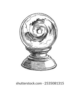 Vector hand-drawn illustration of magic ball isolated on white. Black and white sketch of witch equipment.