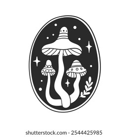 Vector hand-drawn illustration of magic mushrooms with stars. Black and white sketch of herbal element for magic design.