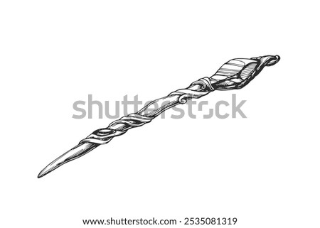 Vector hand-drawn illustration of magic wand with crystal isolated on white. Sketch of mage's equipment.