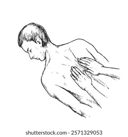 Vector hand-drawn illustration of a man receiving a back massage. Manual therapy process. SPA treatment.