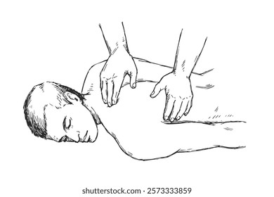 Ilustração de um homem que recebe uma massagem nas costas desenhada à mão. Processo de terapia manual. Tratamento com SPA.