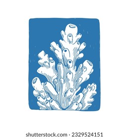 Vector hand-drawn illustration with marine plant on water background. Sketch with aquatic grass in linocut style. Underwater life.