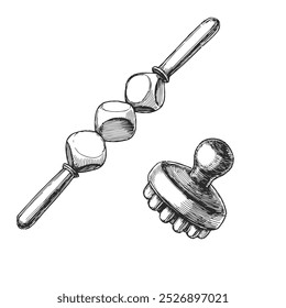 Vector hand-drawn illustration of massage tools isolated on white. Sketch of anti cellulite massager and roller in engraving style.