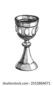 Vector hand-drawn illustration of medieval cup in engraving style. Black and white sketch of antique goblet isolated on white.