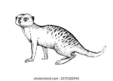 Vector hand-drawn illustration of meerkat. Black and white sketch of wild African animal.