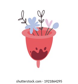 Ilustración vectorial a mano de una taza menstrual. Higiene periódica de dibujos animados. Elementos florales. El concepto de salud y salud de la mujer. Diseño femenino.