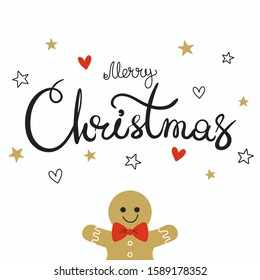 Vector hand-drawn illustration with Merry Christmas calligraphy. Cute Christmas symbols and modern lettering isolated on white background. Greeting card design.