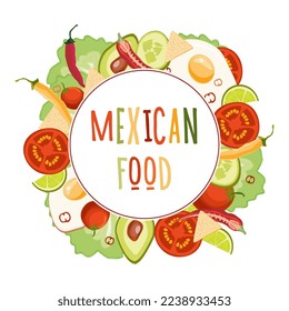 vector hand-drawn illustration of Mexican cuisine. Menu template design bright colorful chili pepper avacado salad