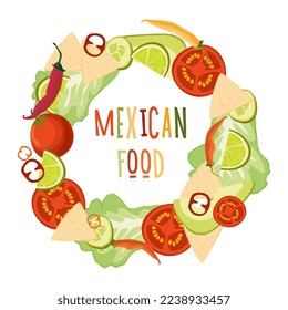 vector hand-drawn illustration of Mexican cuisine. Menu template design bright colorful chili pepper avacado salad