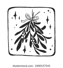 Vector hand-drawn illustration of mistletoe bunch in frame. Sketch of Christmas symbol in linocut style.