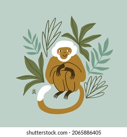 Vector hand-drawn illustration. Monkey in rainforest. Tropical leaves print design. Isolated animal.