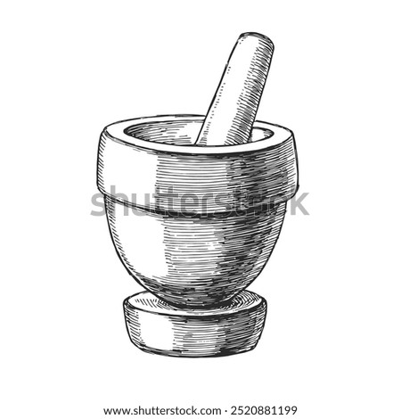 Vector hand-drawn illustration of a mortar and pestle for spices and herbs in the style of engraving.