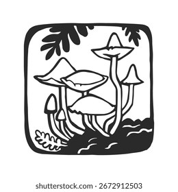 Vector hand-drawn illustration of mushrooms in a frame. Sketch of forest details