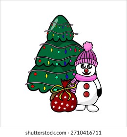 Vector hand-drawn illustration of a New Year s snowman standing next to a Christmas tree and with a bag of gifts on a white background